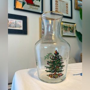 Spode Glass Wine Carafe Decanter 8" Tall 4" Opening Christmas Tree Gold Rim